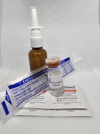 nasal spray research kit with sterile water, alcohol swabs, reconstitution needle, spray bottle